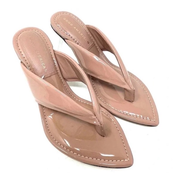 Good American Cinderella Thong Straps Clear Wedge Sandal Heel Dusty Pink Nude 7 - Picture 4 of 11